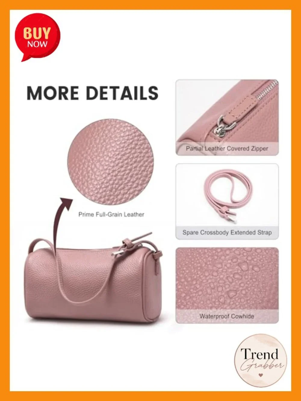 Full-Grain Leather Mini Barrel Crossbody Bag Shoulder Purse for Women